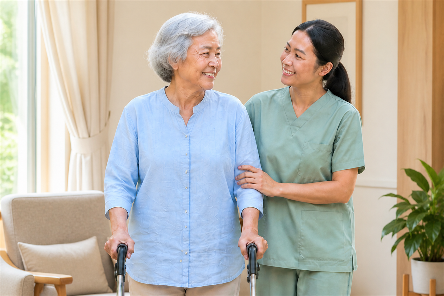 Senior woman walking with a caregiver during recovery after hip surgery