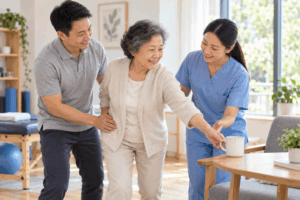 Therapists helping a senior with physiotherapy and occupational therapy
