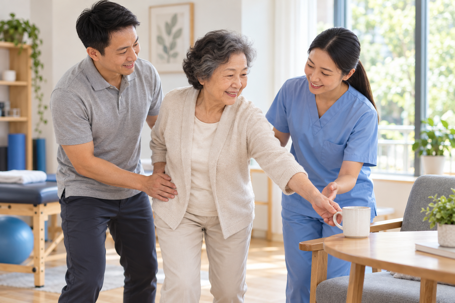 Therapists helping a senior with physiotherapy and occupational therapy