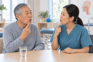 Senior man and speech therapist during a stroke recovery session