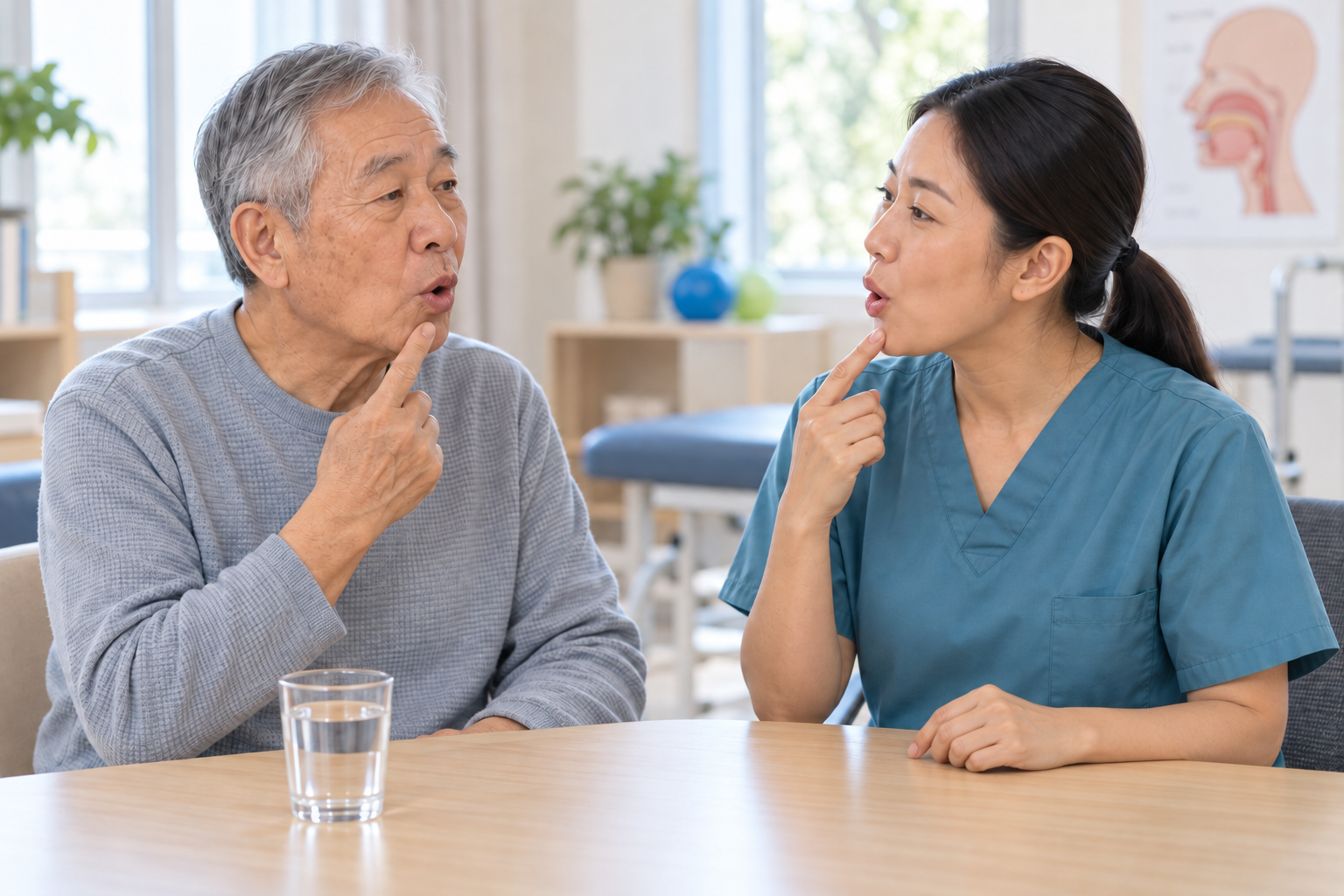 Senior man and speech therapist during a stroke recovery session